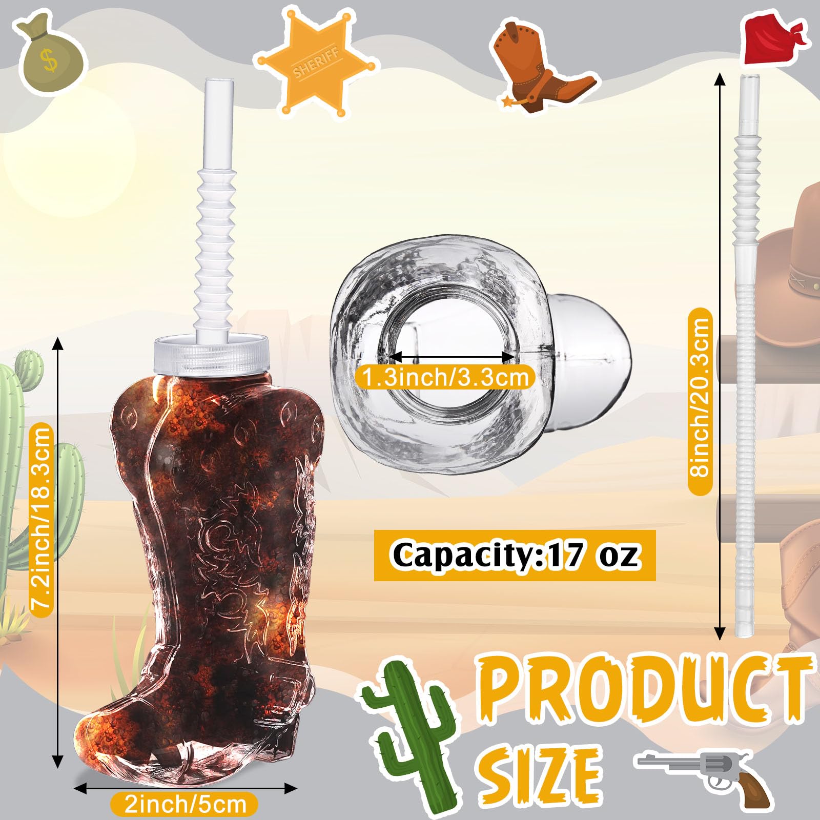 Hoolerry 12 Pcs 17 oz Plastic Cowboy Boot Cups Cowgirl Mugs with Straws and Lids Reusable Cowboy Cups for Baby Shower Rodeo Themed Birthday Party Decorations Supplies Western Accessories