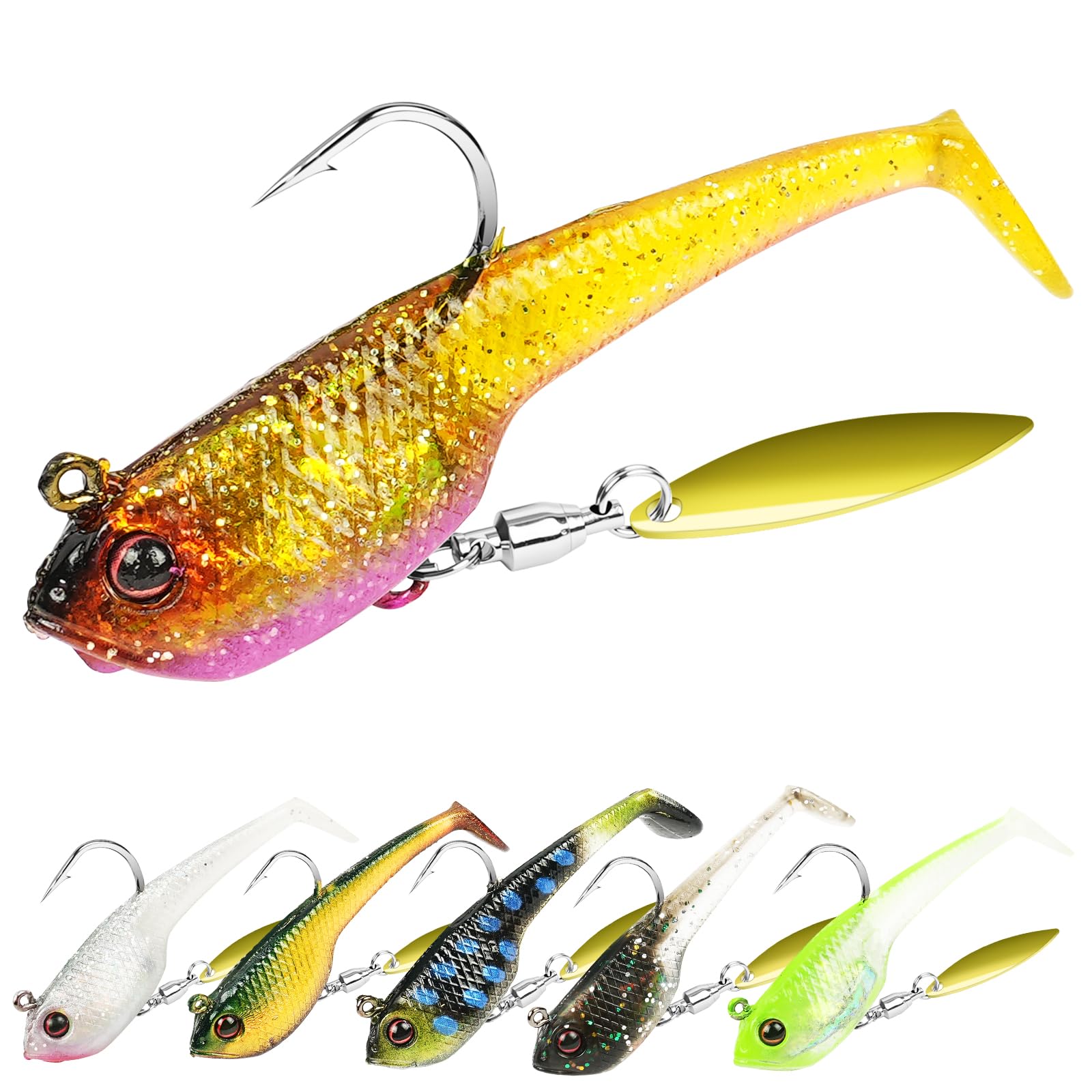 ABOHU Soft Fishing Lures Kit, 6 Pack Artificial Swimbait Sea Lures with Unique Spinning Spoons System, Vivid Spinner Baits for Pike Trout Bass Salmon Perch Saltwater Freshwater