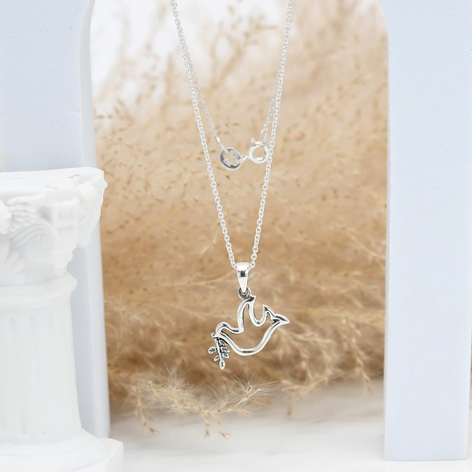 AeraVida .925 Sterling Silver Dove and Olive Leaf Pendant Necklace for Women Peace Bird Jewelry Animal Charm Nature Inspired Polished Oxidized Cable Chain Gift Ready | 18 inch - Image 2