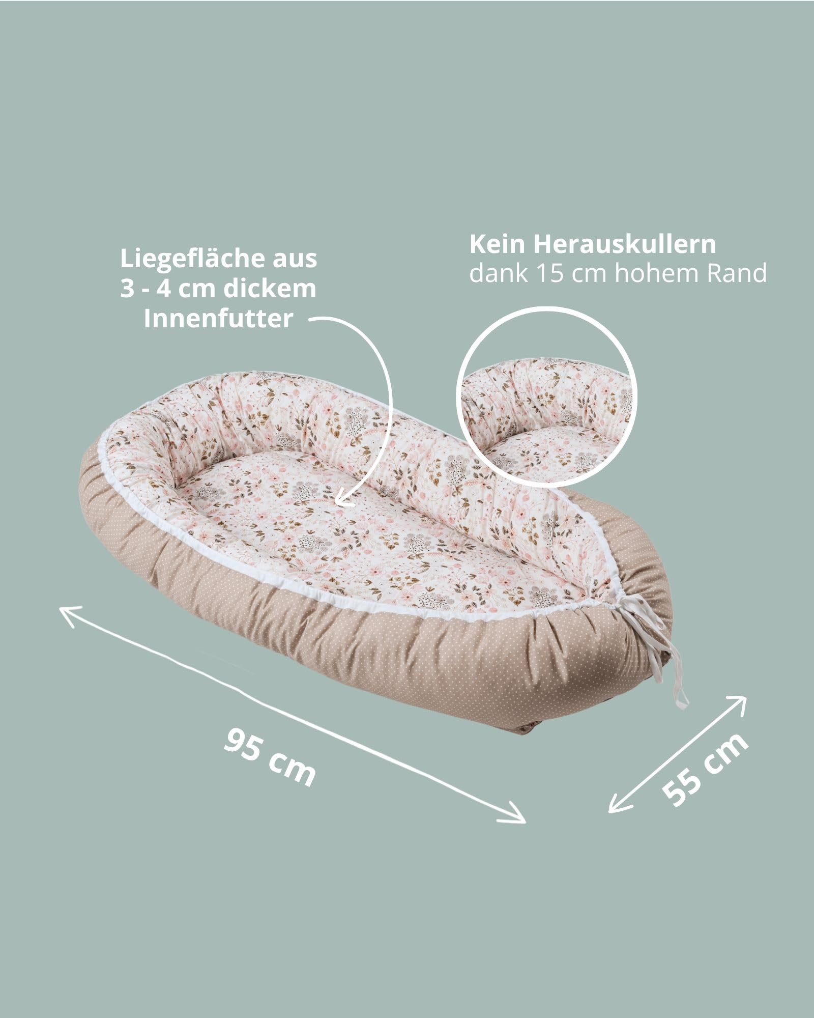 ULLENBOOM Babynest - 100% OEKO-TEX Materialien & Made in EU, Rosa Blüten - Babynestchen Neugeborene aus kuscheliger Baumwolle, Ideal als Reisebett & Kuschelnest geeignet
