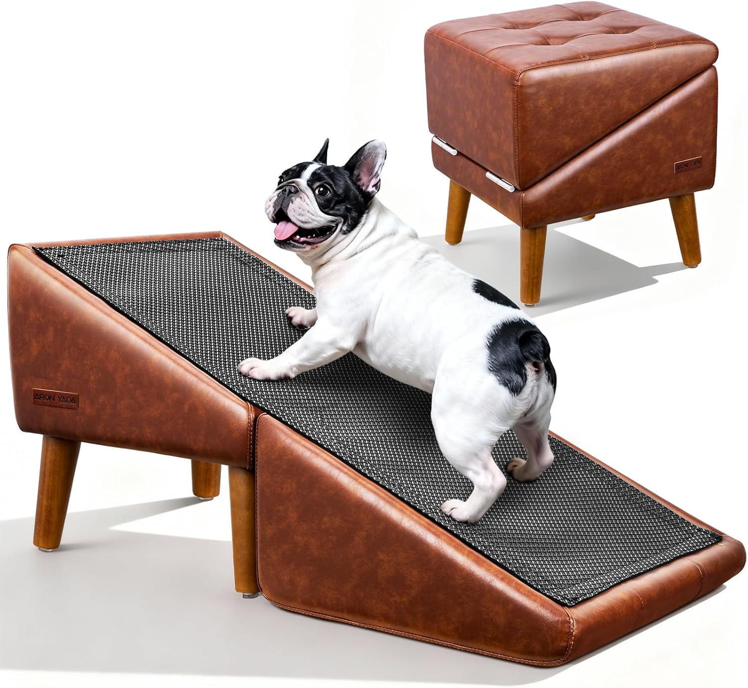 Dog Stairs for Small Dogs and Cats 16″ H – with Encrypted Dot-Grip Non-Slip Surface, 2-in-1 Pet Ramp & Steps for Bed/Couch, Foldable Split Ottoman with Solid Wood Frame, Sturdy & Portable for Puppies