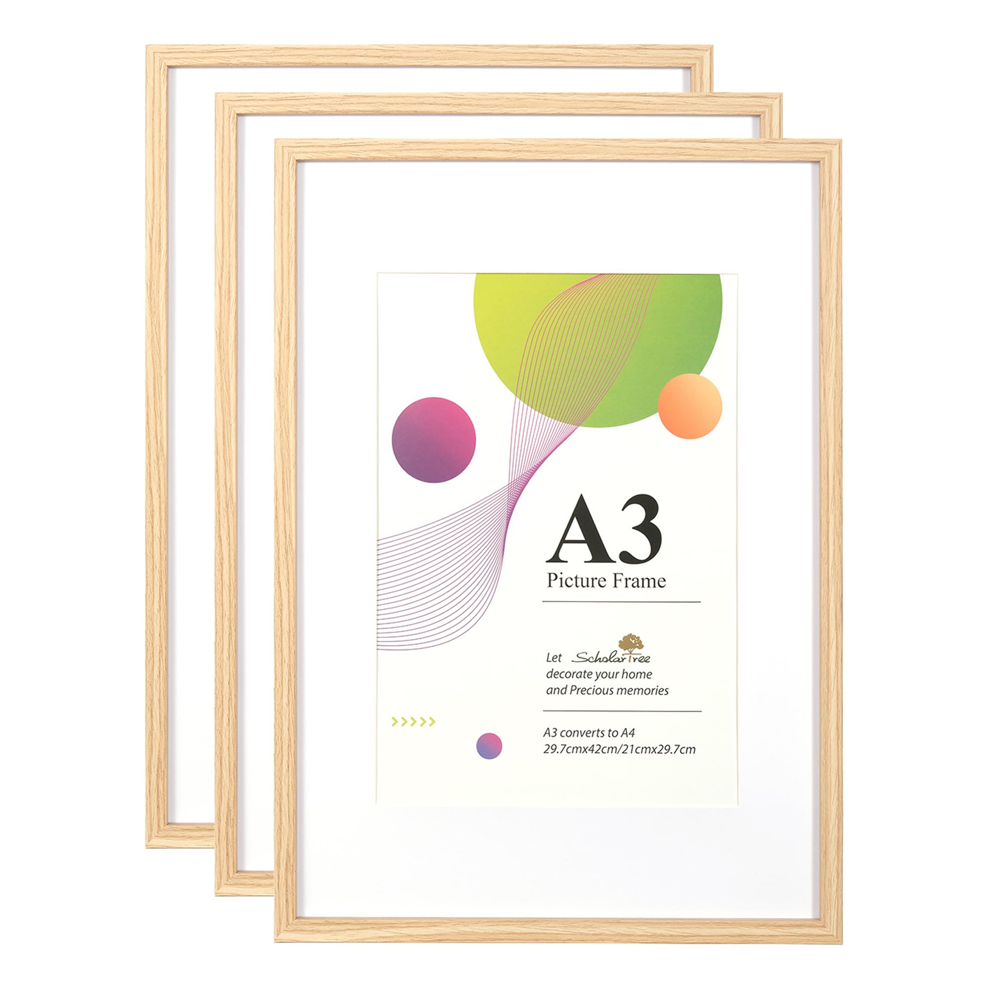 Scholar Tree A3 Oak Frame - 3 Pack A3 Picture Frame, Oak Picture Frames 29.7 x 42cm, A3 Picture Frames with Wall Hanging, Wooden Photo Frames with A4 Mount