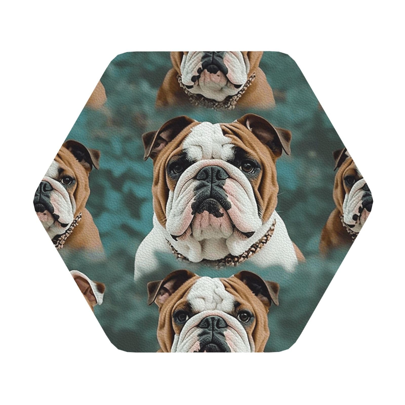 Fodpand Hexagon Funny English Bulldog Drink Coasters Set Of 4, Heat Resistant Leather Coasters Fuuny Bar Beer Beverage Coaster For Drinks, Absorbent Cup Mat For Tabletop Protection, Housewarming Gift