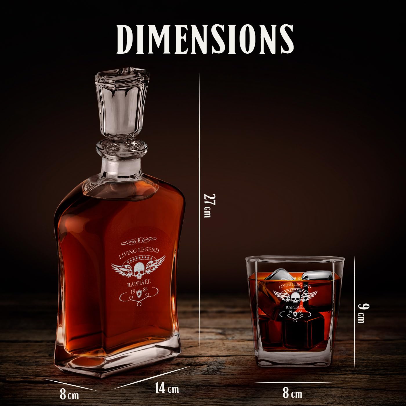 Maverton Ensemble de Carafes Personnalisés a Whisky Rhum Cognac Avec 2/4 / 6 Verres a Whisky Gravés pour homme - 700 ml Service Universel Verre Whisky et Carafe - Living Legend