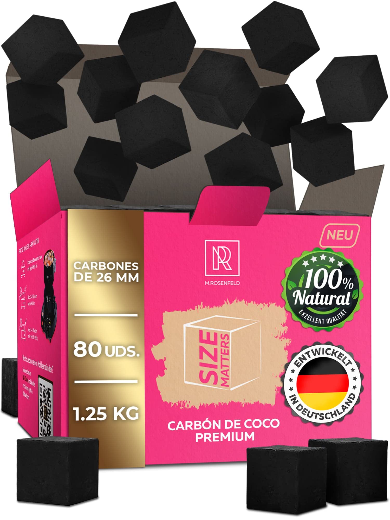 Carbon Cachimba Natural 1,25KG 80-26mm Carbones Para Cachimba de Coco Cachimba y BBQ - Briquetas de Carbón de Coco de Alta Calidad Shisha y Barbacoas – Cubos de Carbón Barbacoa y Narguile