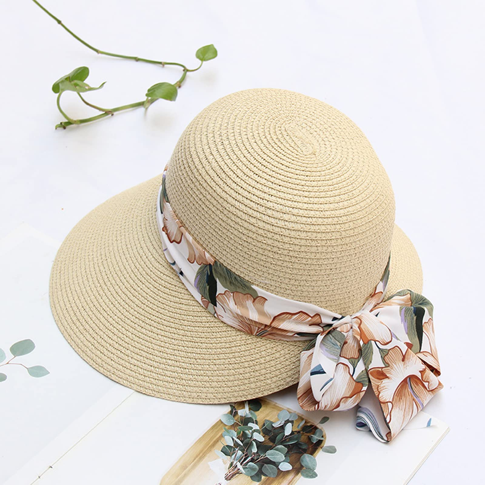 Casquettes rétro Chapeau Paille Visières Femme Chapeau d'été Pliable Grande Bord avec Nœud pour Femme Fille Capline Vintage pour Plage 58CM