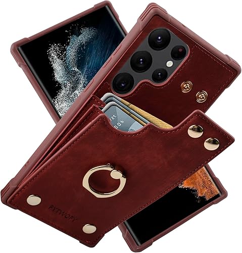 Funda tipo cartera para Galaxy S22 Ultra 5G con tarjetero de crédito, funda de cuero para teléfono compatible con soporte de anillo de rotación de