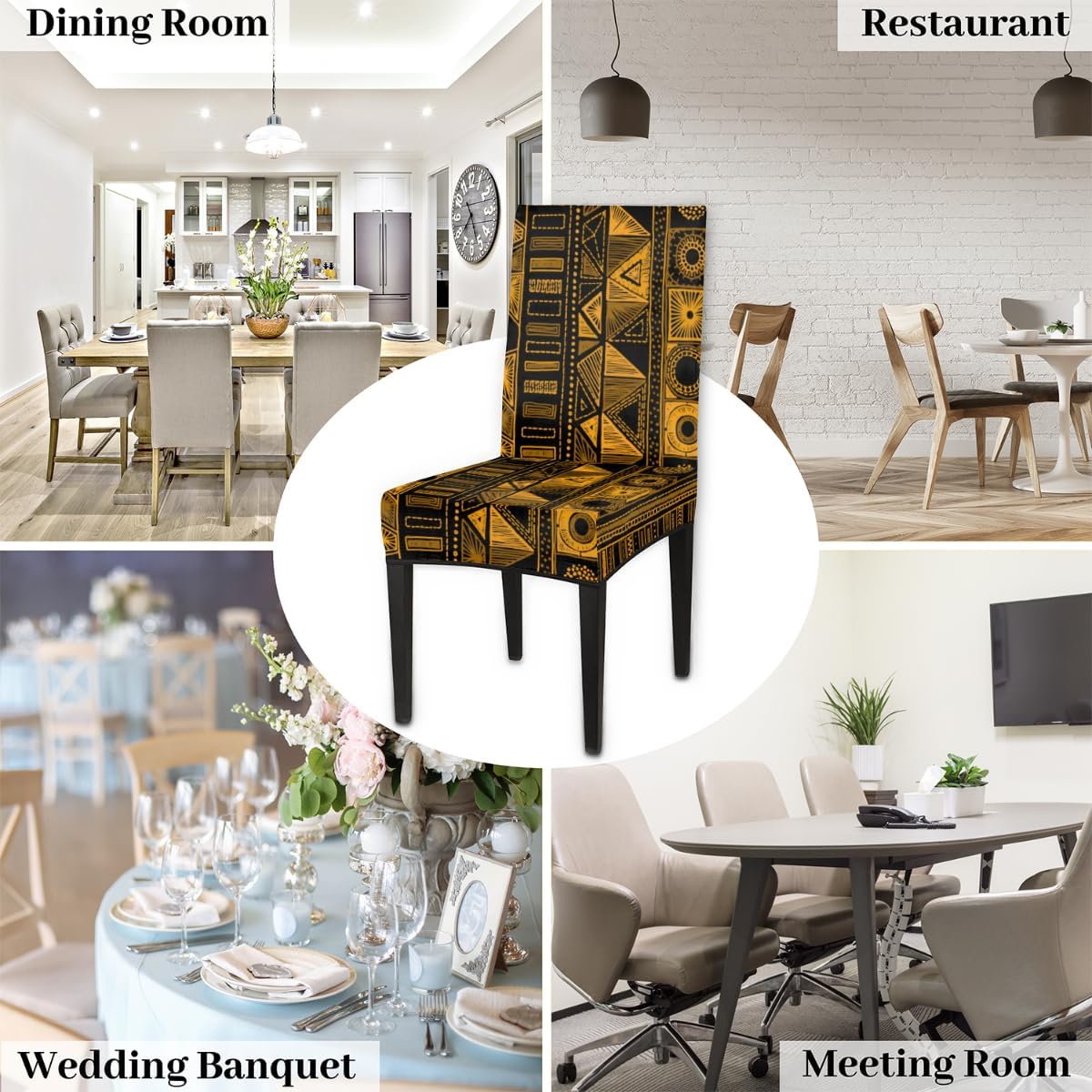 Africa Gold Black Dining Chair Slicovers Stretchy, Ancient Style Chair Covers for Parsons Chair Slip Cover Removable Washable Chair Covers Protector for Dining Room, Hotel, Ceremony, Set of 2