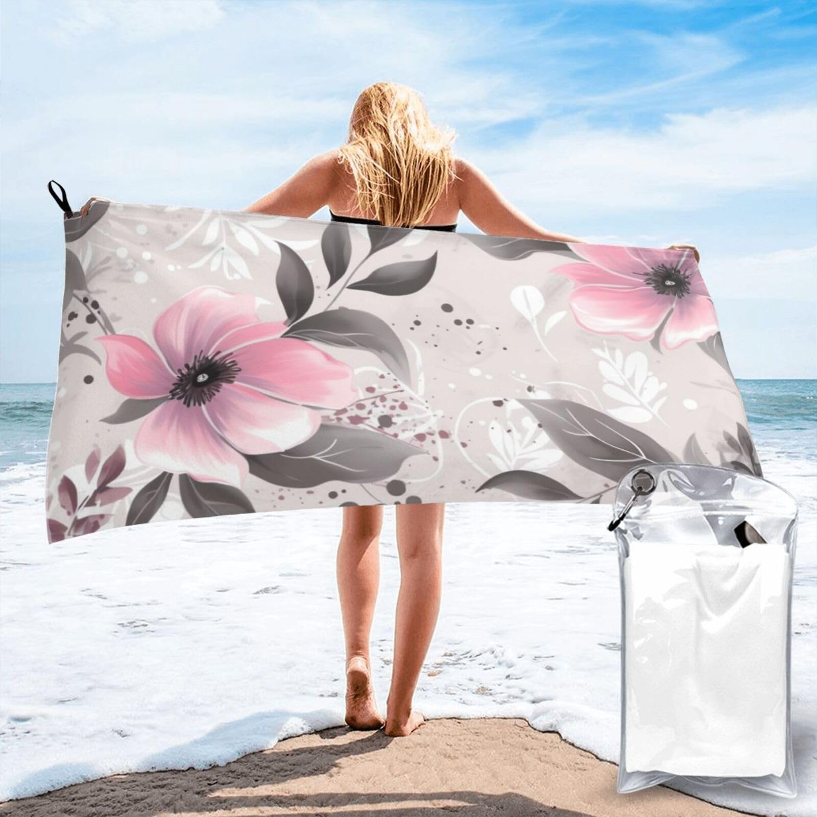 DWVTSLH Microfiber Sand Free Beach Towel 27.5"x55", Quick Dry Absorbent Travel Towel Large Camping Blanket, Flowers and Leaves on Gray Bath Towels Lightweight Pool Swim Towels for Vacation Essentials
