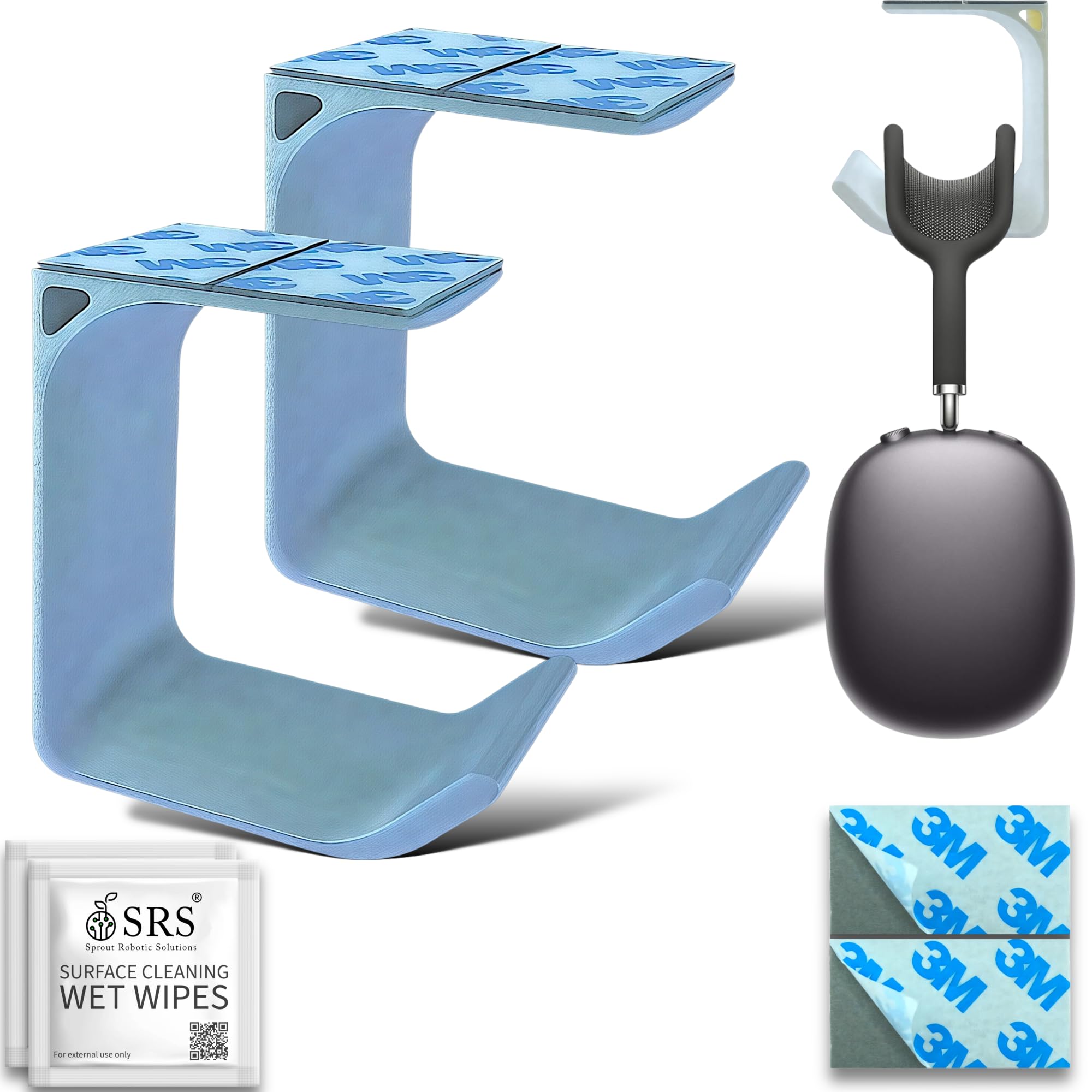 SRS® Headphone Stand Holder | Under Desk Hook & Cable Organizer | Stick-On Adhesive | Superior-Grade ABS | Includes Surface Cleaning Wipes for Easy Setup & Organization (Silver, Pack of 2)
