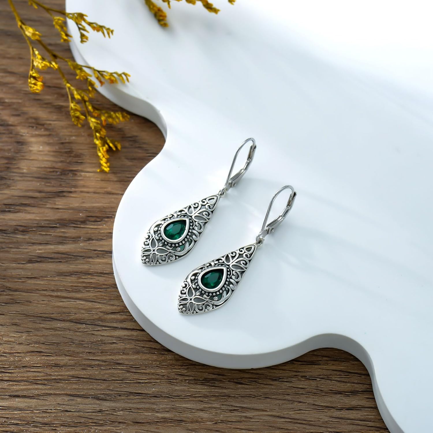 Vintage Emerald Earrings 925 Sterling Silver Lab Created Emerald Drop Earrings for Women