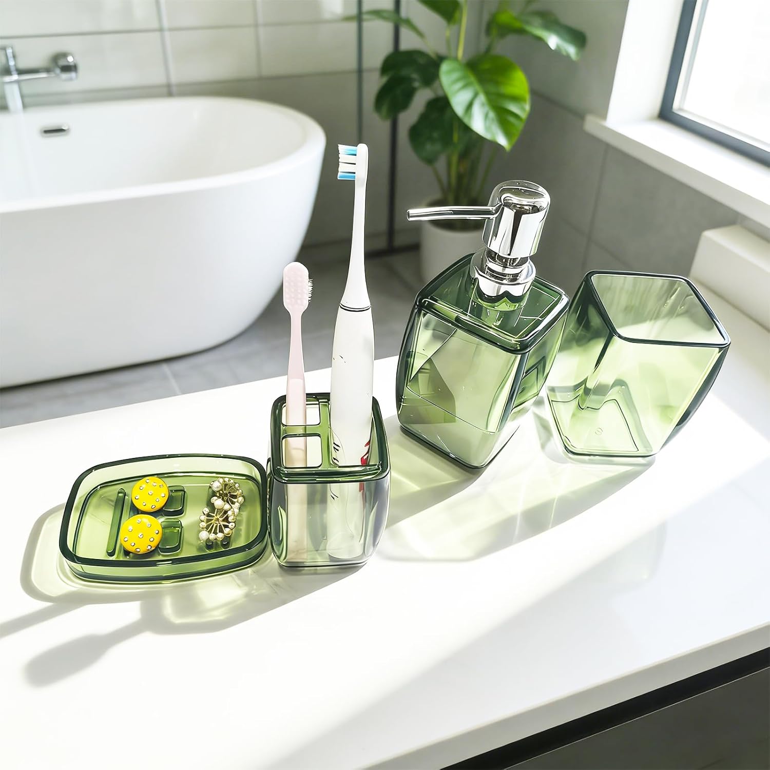 4-Piece Fresh Green Acrylic Bathroom Accessories Set — Soap Dispenser, Toothbrush Holder, Soap Dish & Mouthwash Cup, Vanity Countertop Organizer for Botanical Green Bathroom Decor