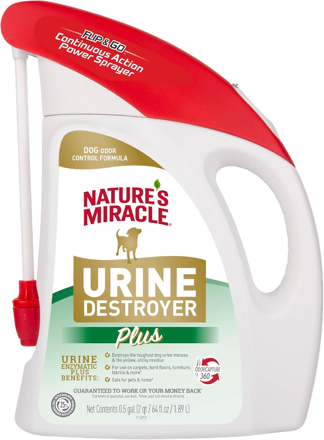 Nature's Miracle Urine Destroyer Plus for Dogs with Flip & Go Sprayer, 64 Ounces, Enzymatic Formula for Dogs Powers Out Tough Dog Urine Messes and Yellow, Sticky Residue Flip and Go 64 oz