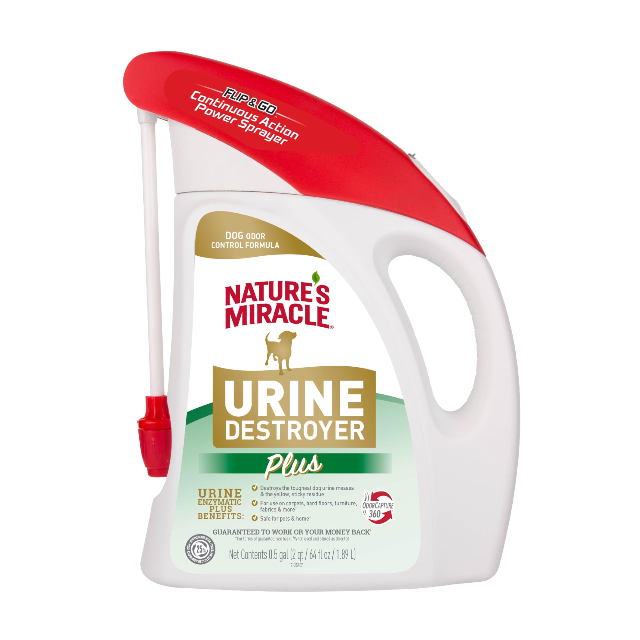 Nature's MiracleUrine Destroyer Plus for Dogs with Flip & Go Sprayer, 64 Ounces, Enzymatic Formula for Dogs Powers Out Tough Dog Urine Messes and Yellow, Sticky Residue
