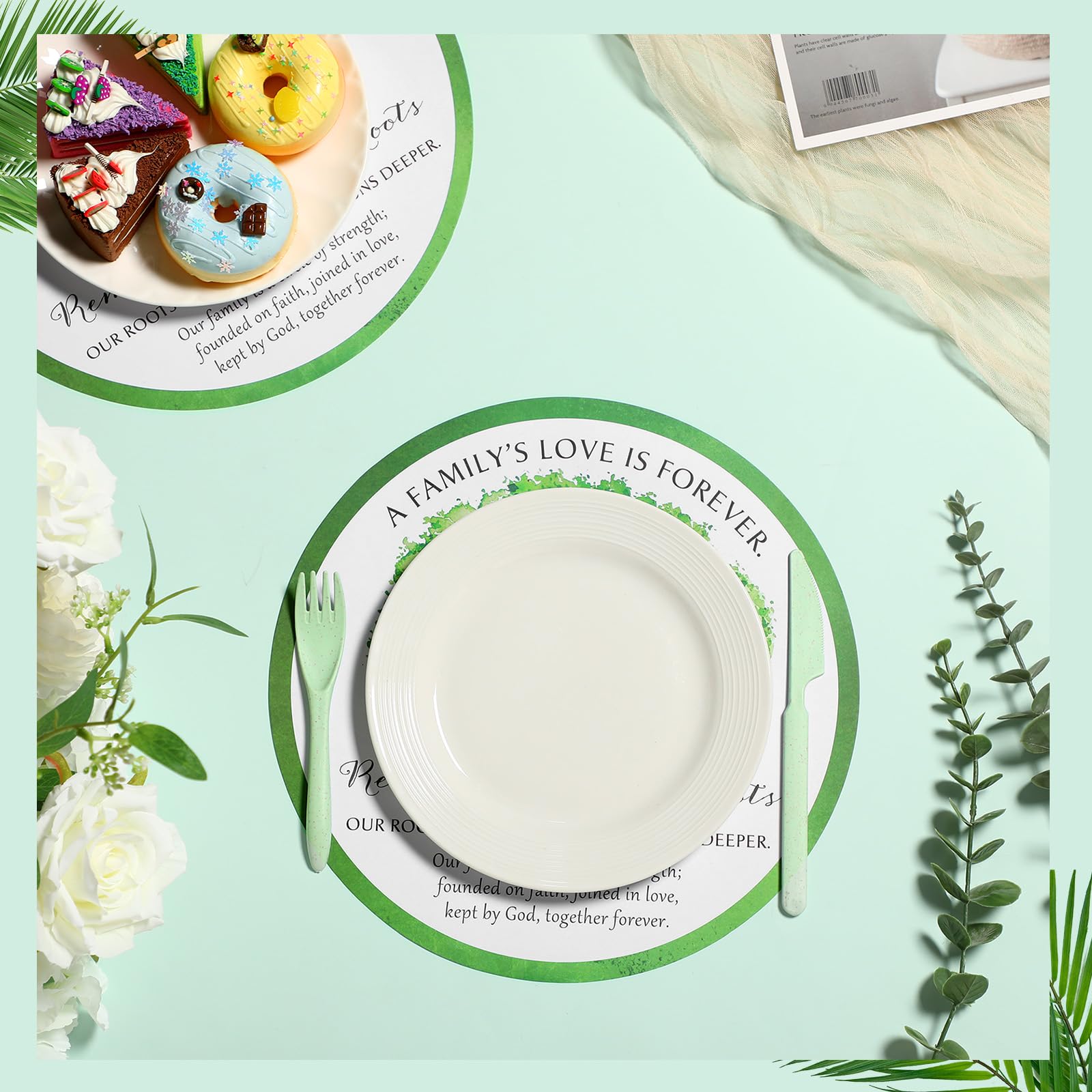 Manteles individuales desechables de papel para reuniones familiares, papel desechable con cargador redondo, decoración de mesa para reuniones familiares (50 piezas)