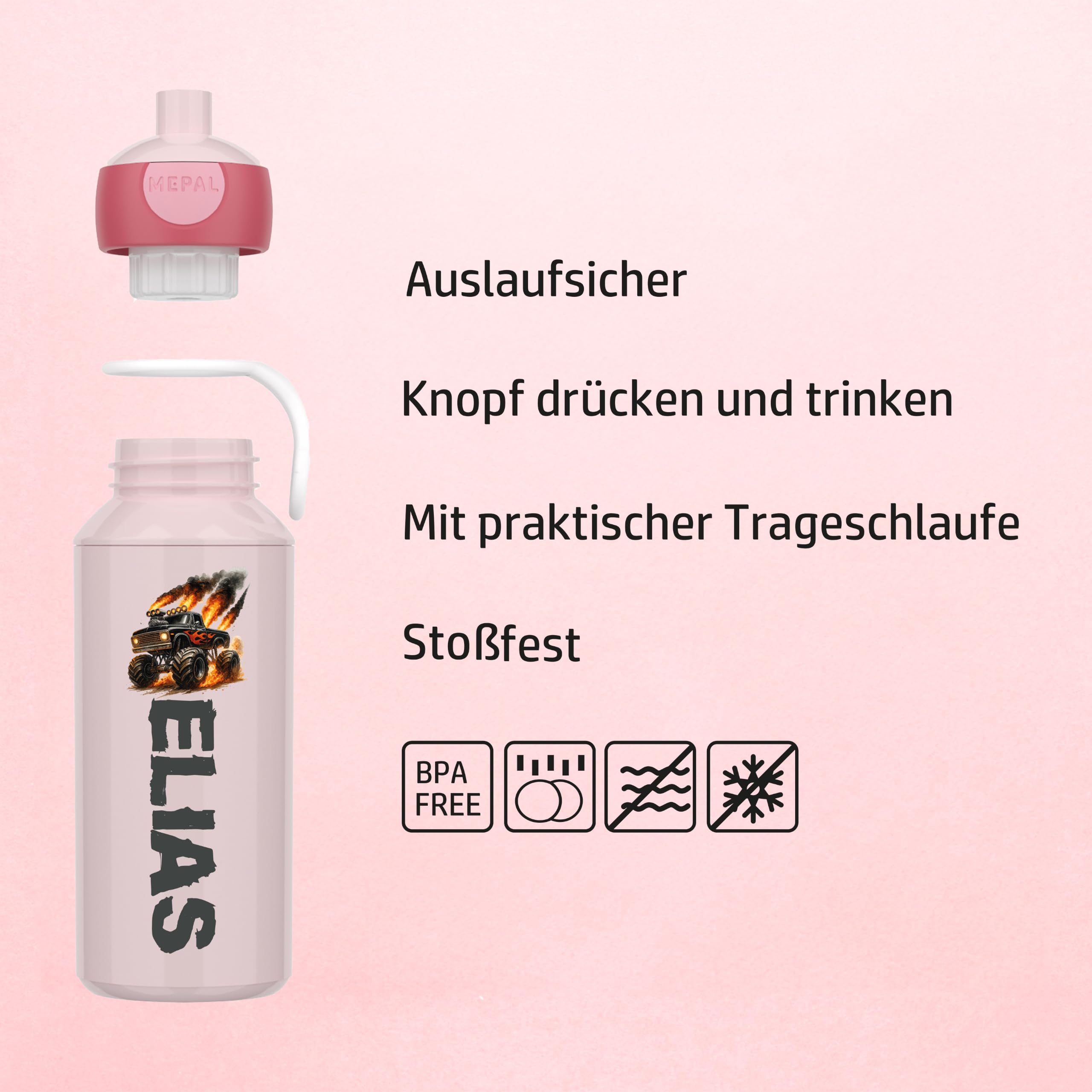 Mepal Campus Brotdose Personalisiert & Trinkflasche - 2er Set Cool Blue | Monstertruck Auto Truck Name - Geschenk Kitastart Einschulung Schule Brotdose Trinkflasche Lunchbox Junge Mädchen Kita