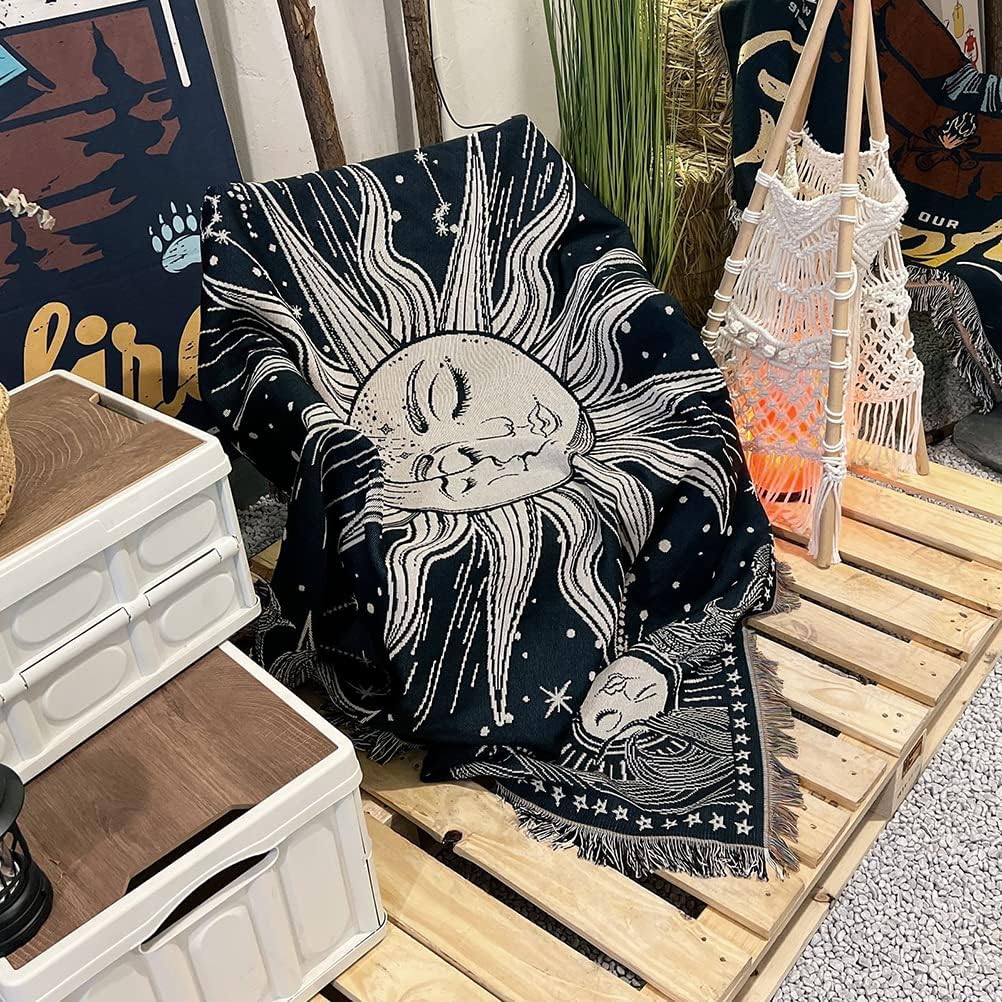 Sun Moon God Throw Woven Blanket with Tassel for Home Decoration Chair Couch Sofa Bed Beach Travel Picnic Cloth Tapestry Shawl Cozy Cotton (Dark Blue 63×51 Inches)
