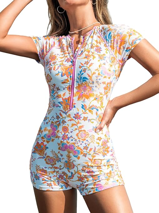 WREESH Womens One Piece Swimsuit Short Sleeve Rash Guard Swimsuits Solid Color New Fashion Splicing Swimsuit Casual Bikini Swimsuit Bathing Suits Hot