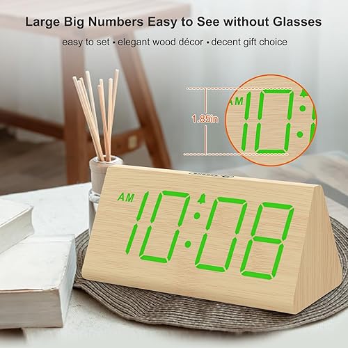 Miniatura 2 de DreamSky Wooden Digital Alarm Clocks for Bedrooms - Electric Desk Clock with Large Green Numbers, USB Port, Battery Backup Alarm, Adjustable Volume,
