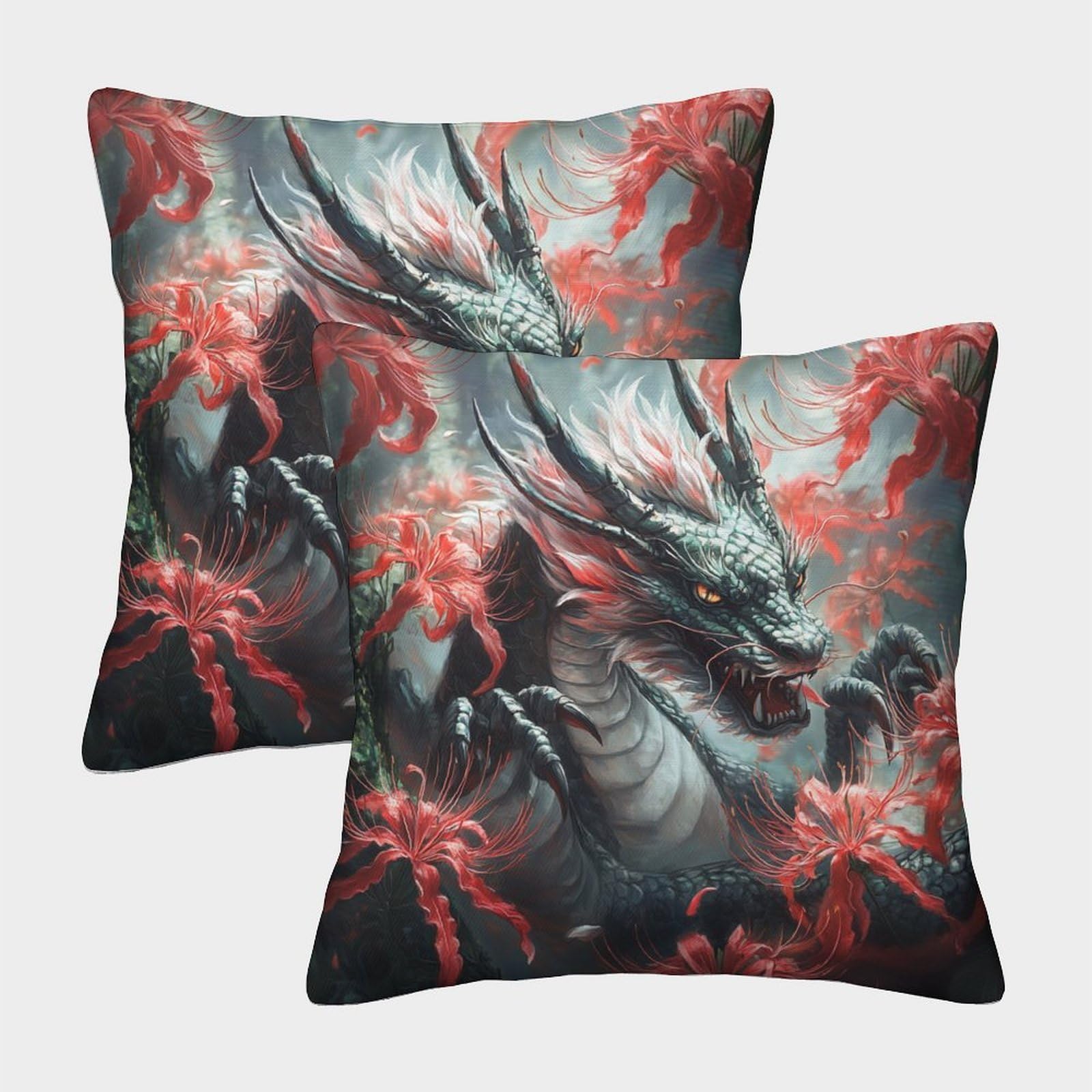 kaiyun 2 Pack Japanese Dragon - Red Flower 3D Cushion Cover Pillow Cover Sofa Outdoor Decoration Square 45x45cm
