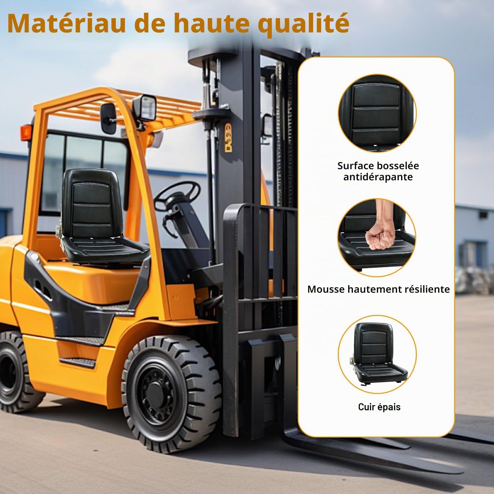 Siège de tracteur universel, Siège de chariot élévateur, 41x38x46cm, réglable 45°-160°, avec rail coulissant, fixation universelle 25x27cm, structure renforcée heavy-duty