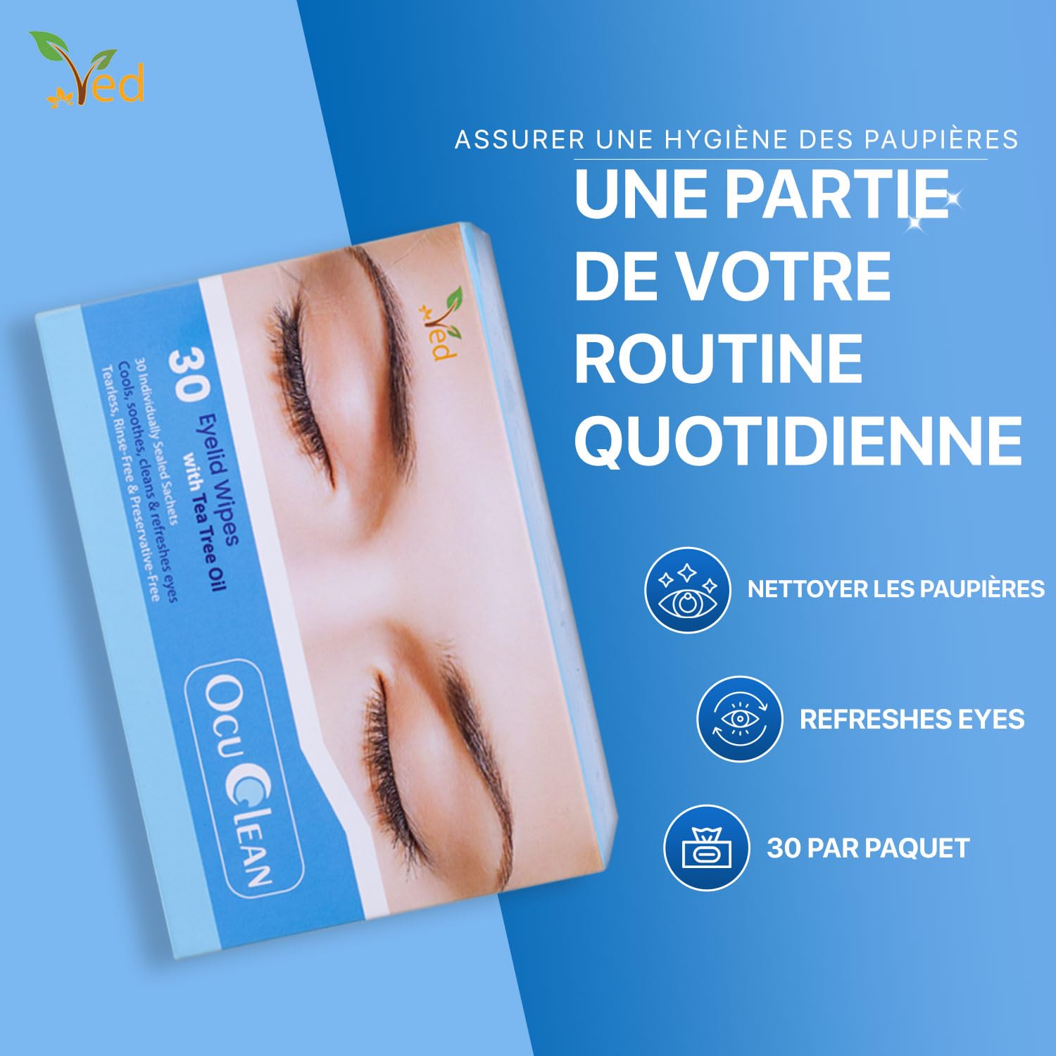 Ved lingettes pour les paupières pour le traitement périoculaire chez les adultes et les enfants. Lot de 30 lingettes stériles pré-humidifiées (LOT DE 2)