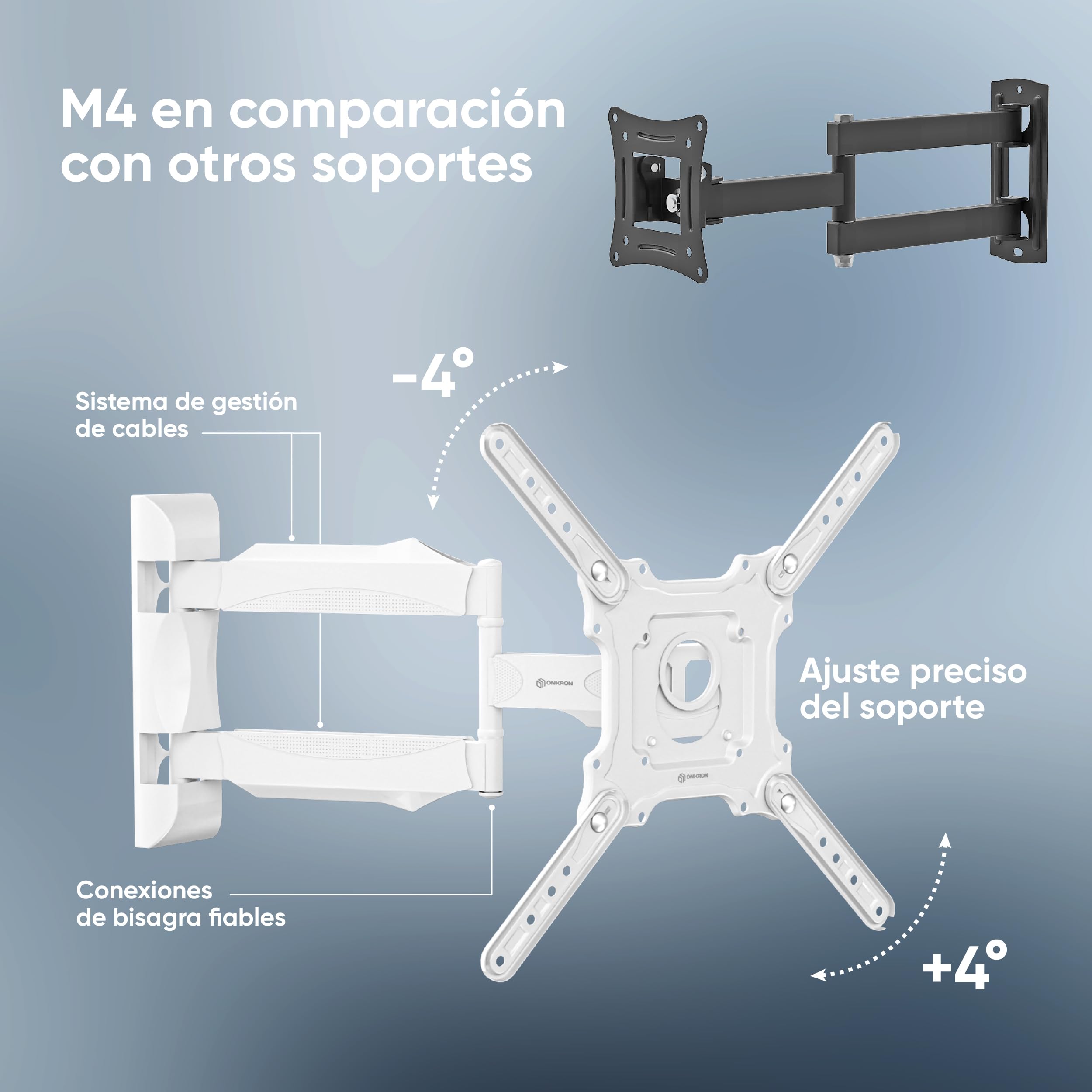 ONKRON Soporte Television Pared 32-65 Pulgadas, hasta 35 kg, VESA 100x100-400x400 mm, Soporte TV Pared Inclinable y Giratorio, Colgar TV Universal, Articulado, Blanco M4-W