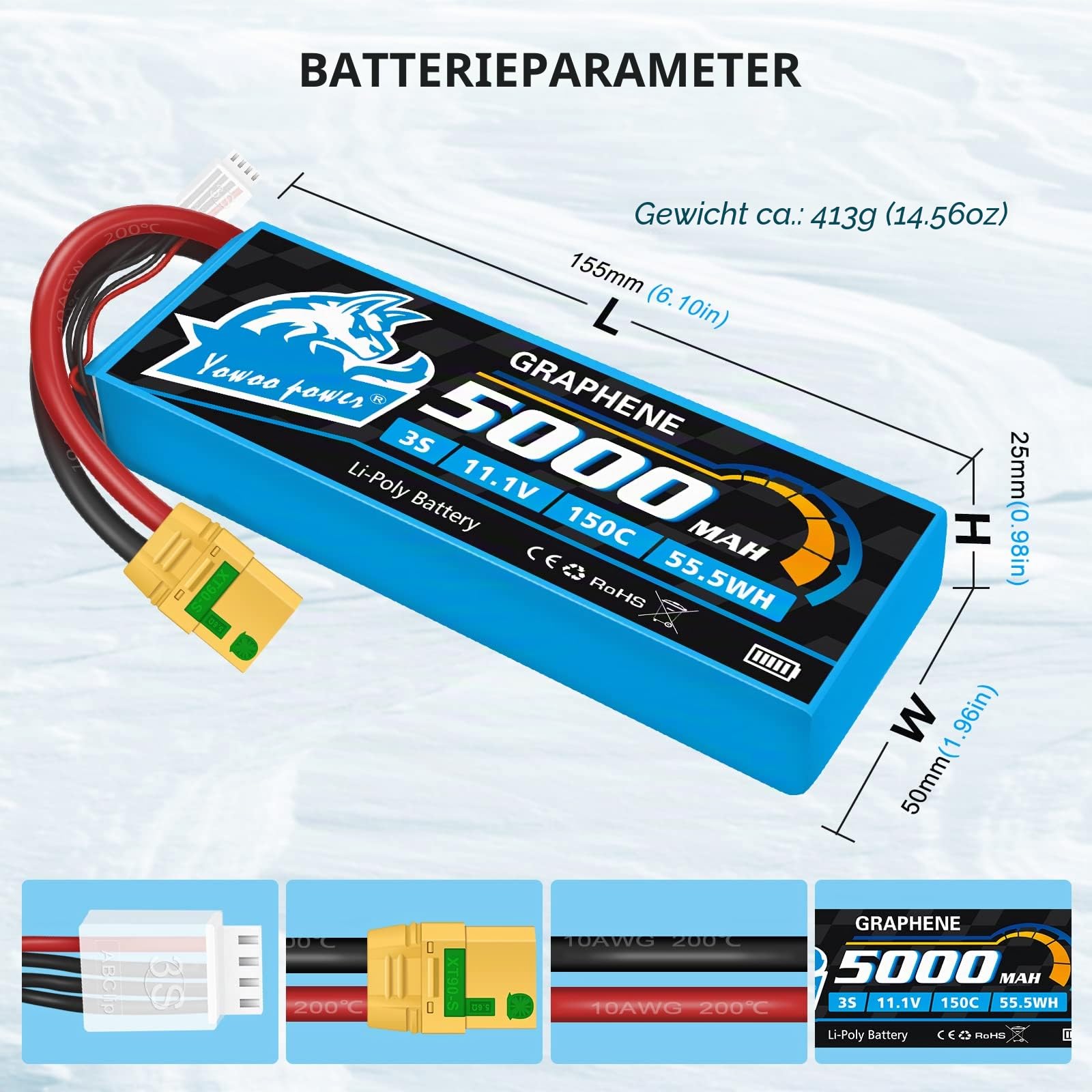 Yowoo Lipo Akku 3S 5000mAh 150C 11.1V Graphen Batterie mit XT90S Stecker für Fahrzeuge im Maßstab 1/8 Arrma Slash VXL Slash 4x4 VXL E-maxx Brushless Axial E-Revo Brushless und Spartan Modelle (2 Pack)