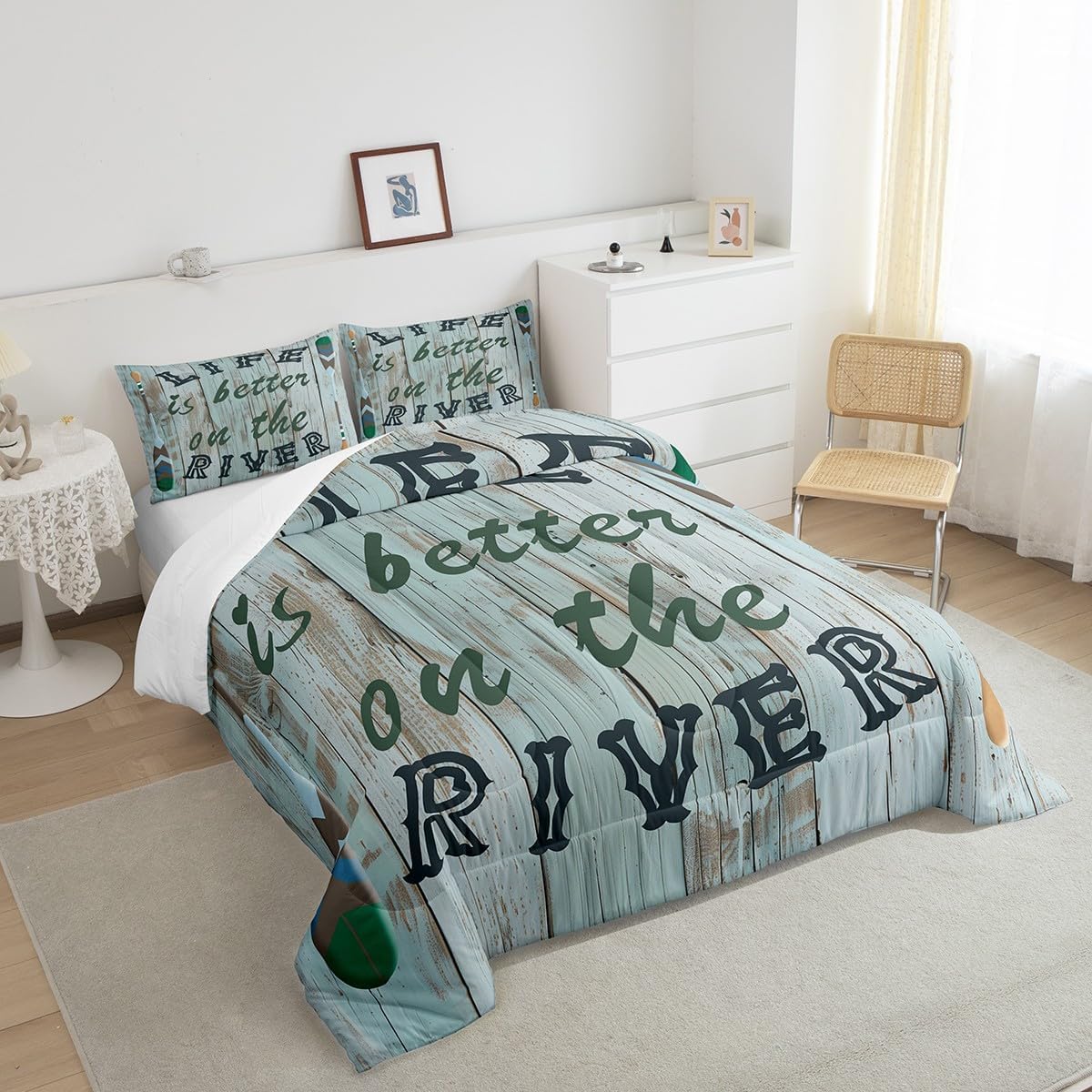 Castle Fairy Lake Life Comforter Set Twin Size,Life is Better On The River Bedding Set for Kids Boys Men,Paddle Print Retro Wooden Board Quilted Duvet Set with 1 Pillowcase