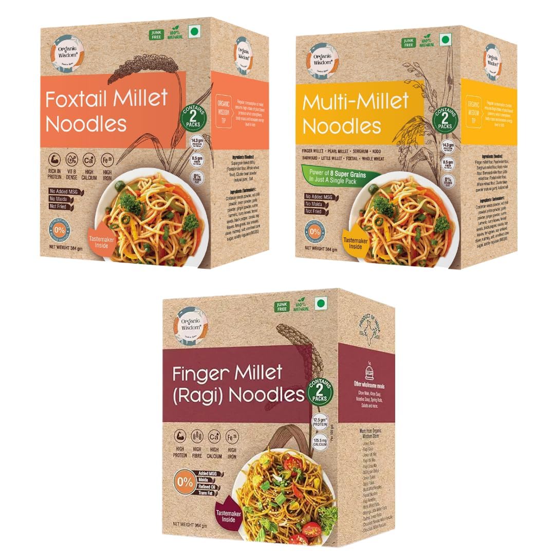 ORGANIC WISDOM-Back to Roots Multi Millet, Ragi and Foxtail Noodles|384g each, each box contains 2 packs(192g each) along with tastemaker|Free from junk, maida, msg, refined oil, trans fat| Rich in Calcium, Protein and Fiber
