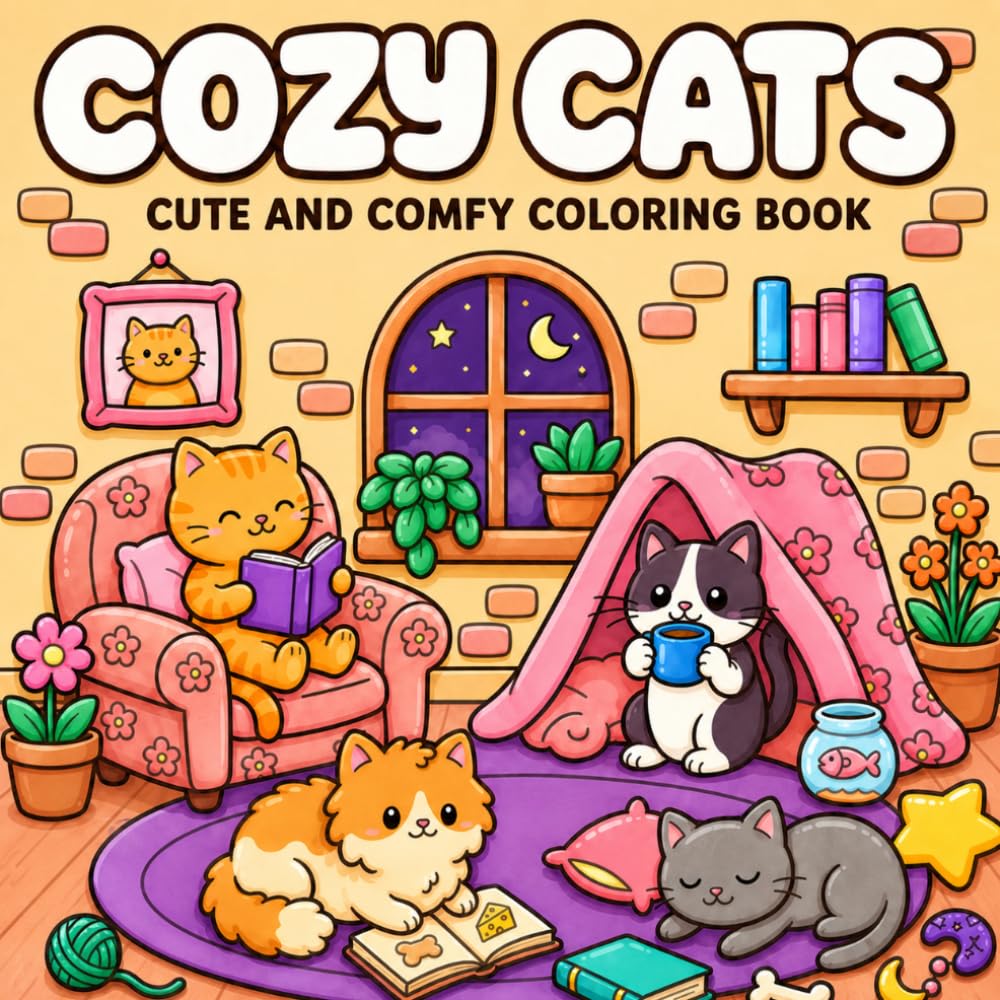 COZY CATS: Cute and Comfy Coloring Book Featuring 50 Cozy Cat Designs for Teens and Adults