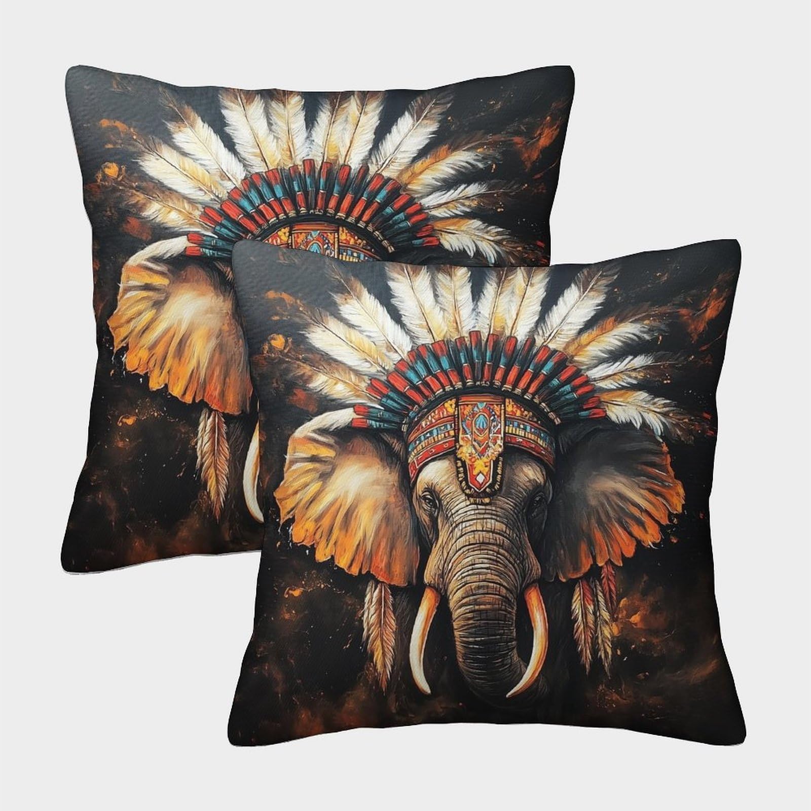 kaiyun 2 Pack Native American Headdress,Elephant Pillow Case Home Decoration Sofa Cushion Cover 40x40cm