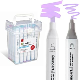 KINGART PRO Double-Ended Alcohol Ink Art Markers, 24 PASTEL Colors, Fine Point & Chisel Tips, Permanent with Superior Blendability, Includes Plastic Case, 24 Pc.