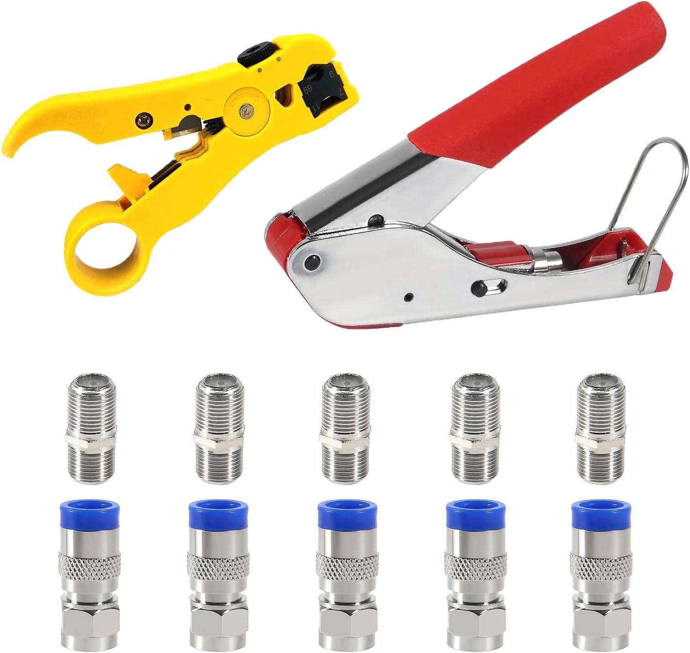 Coax Cable Crimper Tool Kit Coaxial Compression Tool Adjustable Coaxial Cable Stripper Cutter with 5PCS RG6 F Type Connector Coaxial Compression Fitting + 5PCS Coaxial Cable Extension Adapter