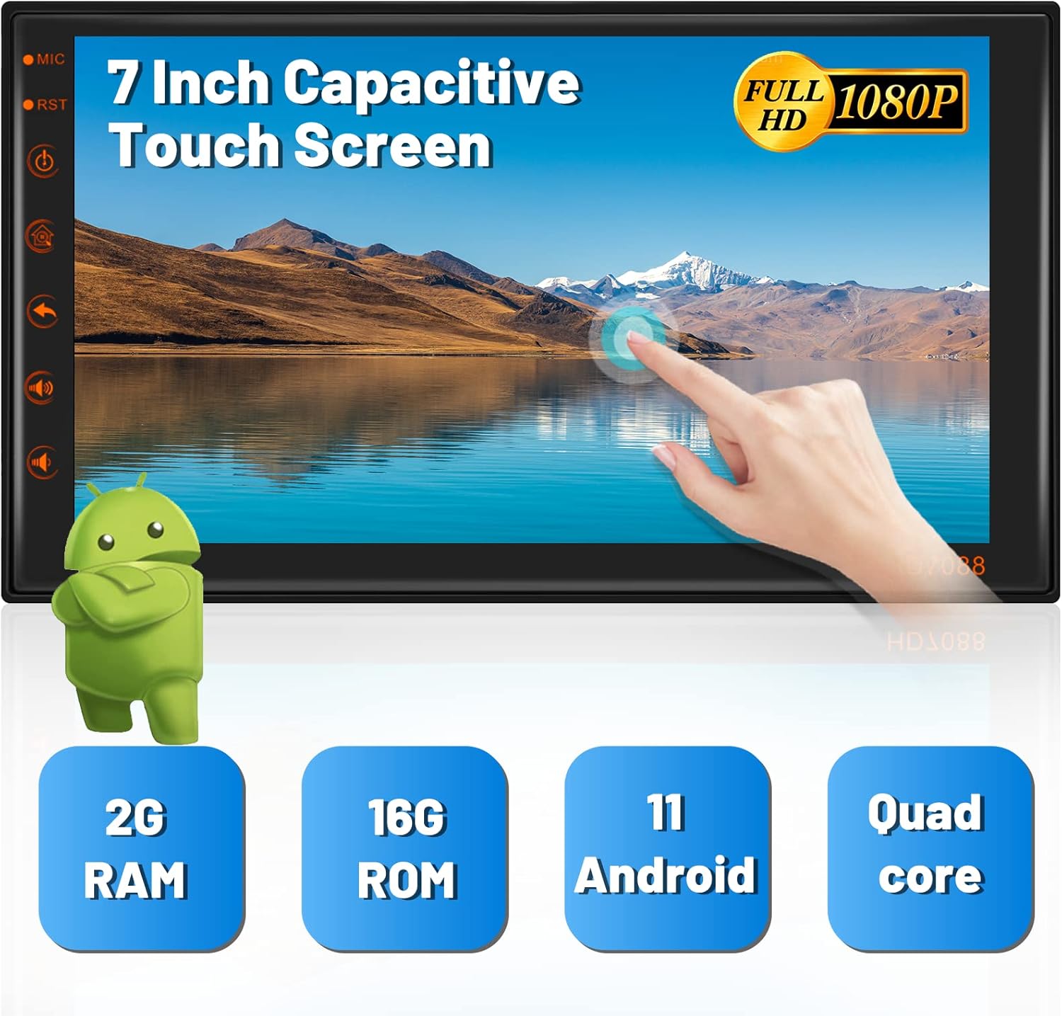 7-inch Capacitive Touch Screen with Full HD 1080P resolution, showing Android 11, 2GB RAM, 16GB ROM, and Quad-core processor details.