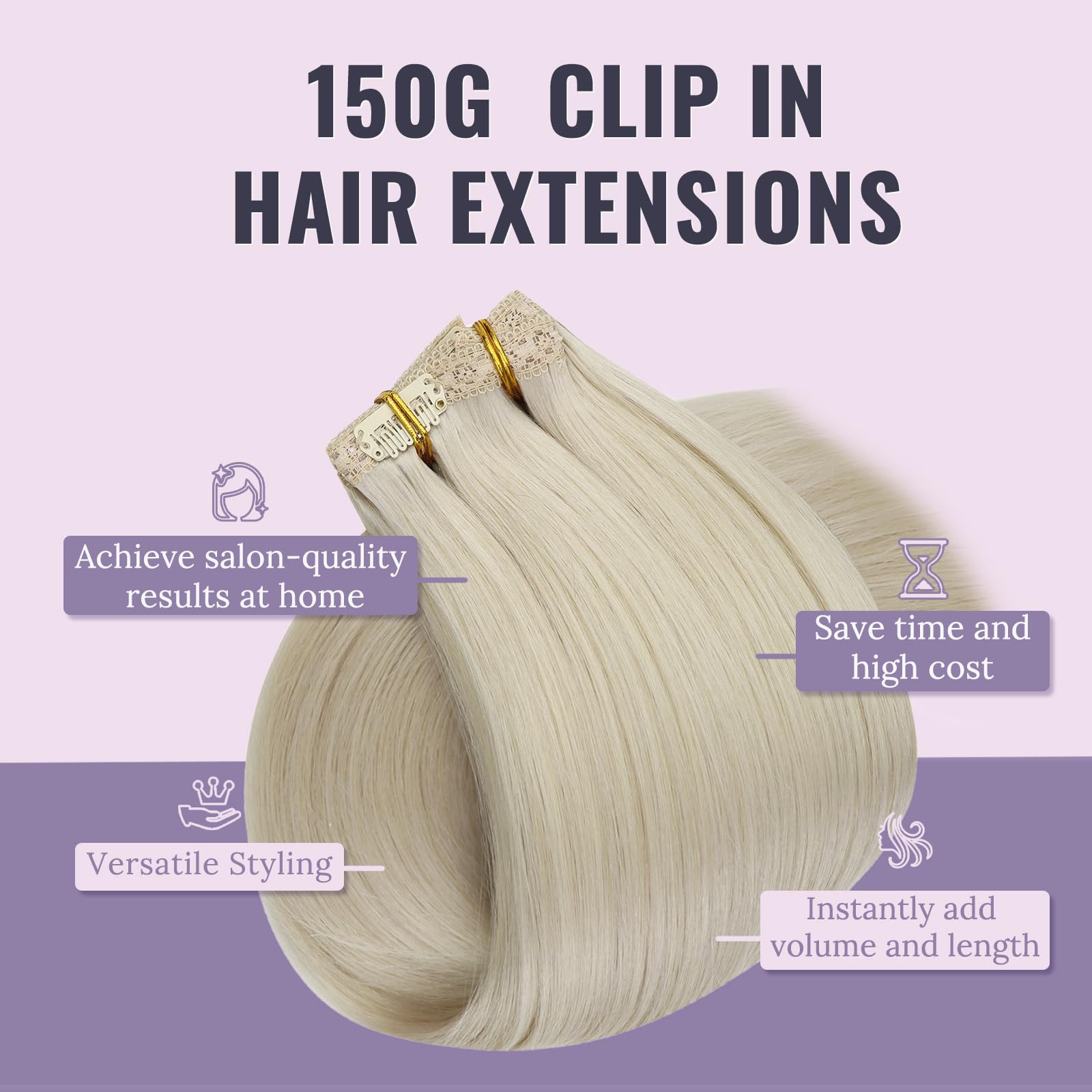 Fshine Platinum Blonde Human Hair Extensions Thick Double Weft Clip in Real Hair 135g 18 Inch 7Pcs, 1.clip#60, 18 inch-135g - Image 4