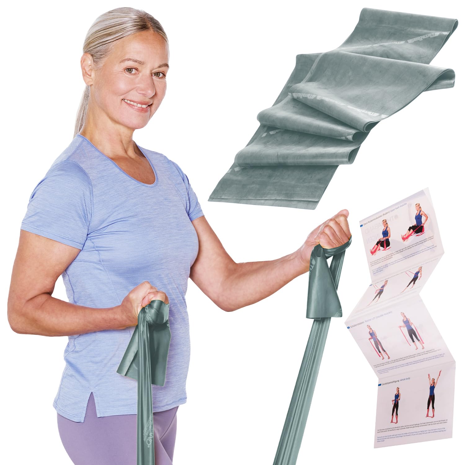 TheraBand 2,50m im PE Beutel mit Anleitung grün | Fitnessband | Gymnastikband | Stretchband für Ganzkörpertraining | Widerstandsband | Training Bands für Zuhause | Fitness Zubehör | 100% Naturlatex