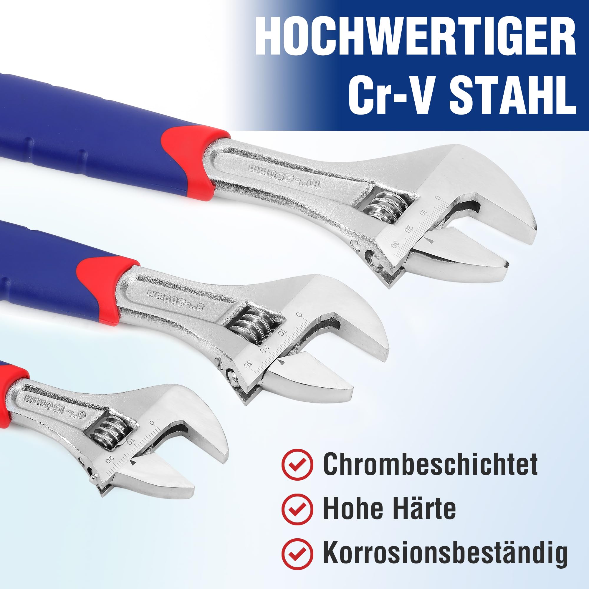 WORKPRO Schraubenschlüssel Verstellbar Einmaulschlüssel Rollgabelschlüssel Set aus Chrom-Vanadium Stahl mit Gummigriff inkl. 150, 200, 250 mm 3-teilig