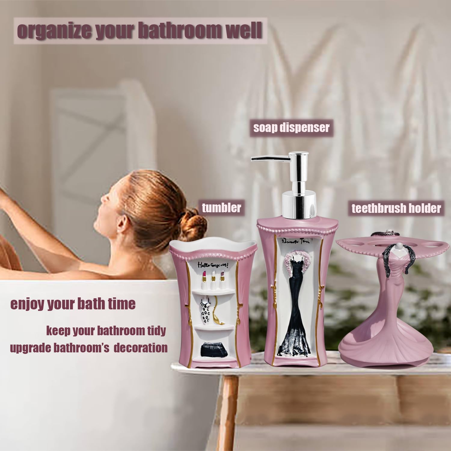 LUANT 5-teiliges Badezimmer-Zubehör-Set mit Seifenspender, Zahnbürstenhalter, Becher und Seifenschale (Rosa)