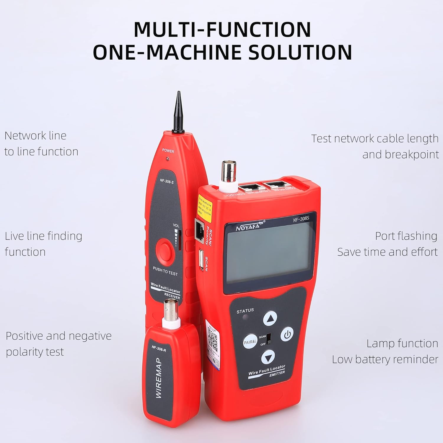NF-308 Multipurpose Network Cable Tester highlighting its various functions like network line to line, live line finding, polarity test, length and breakpoint test, port flashing, and low battery reminder.