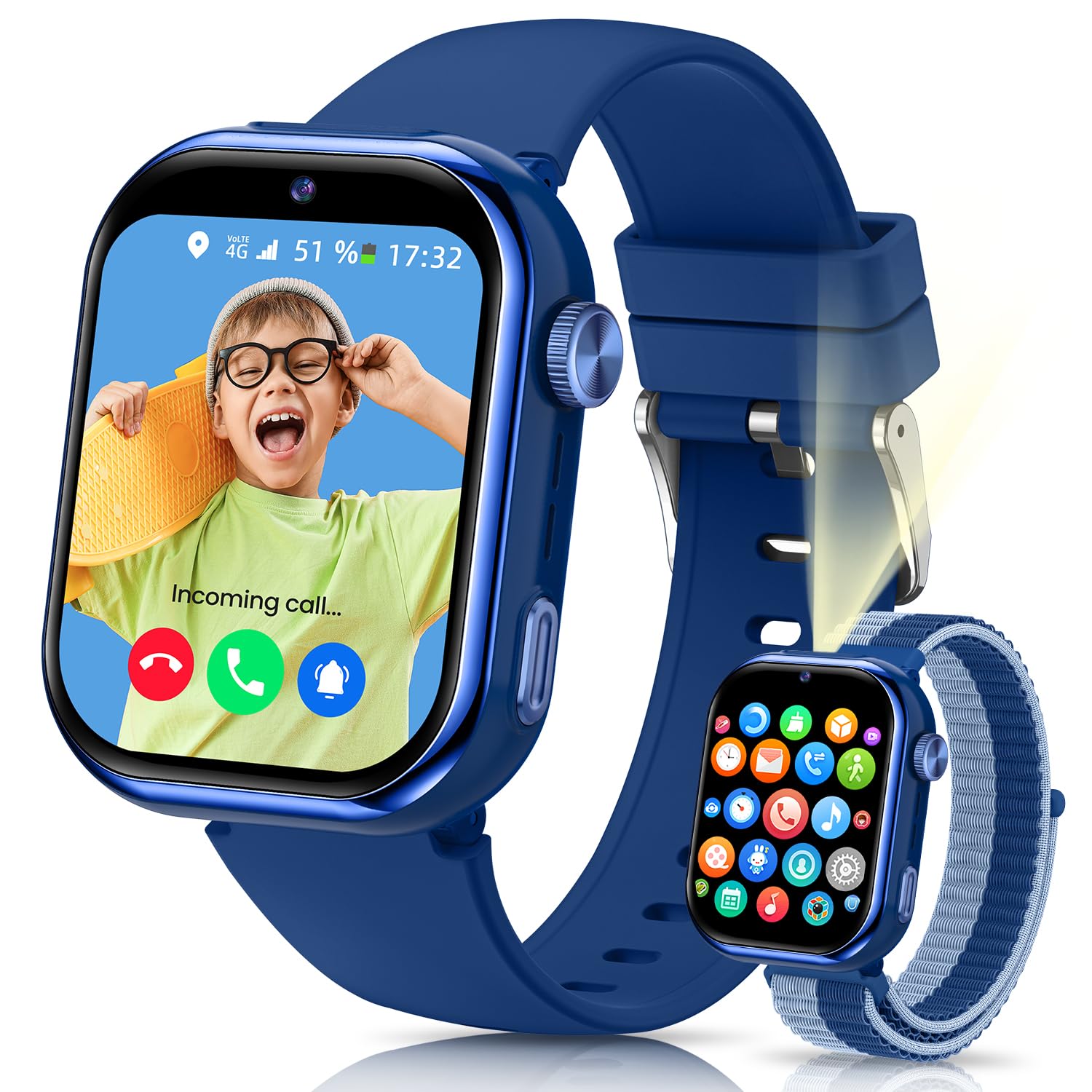 Smartwatch Kinder mit GPS und Telefon, Videoanruf, Taschenlampe Blau