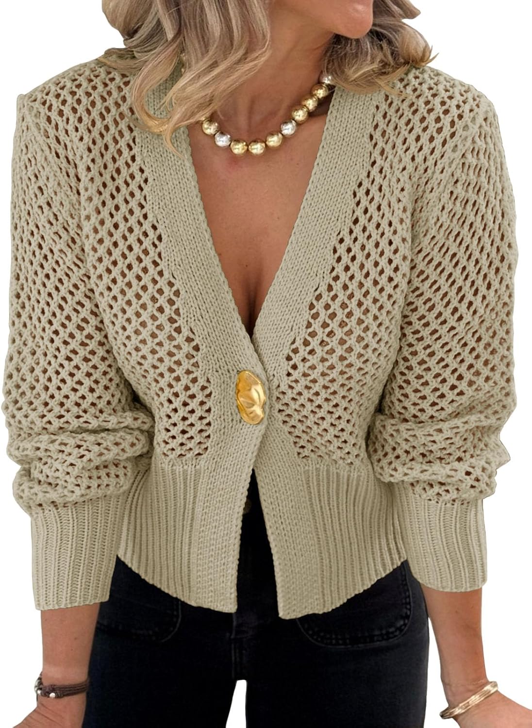 Cicy Bell Womens Cropped Crochet Cardigans Hollow Out Button Down Lantern Sleeve Knit Sweaters Casual Mesh Loose Fit Cover Up
