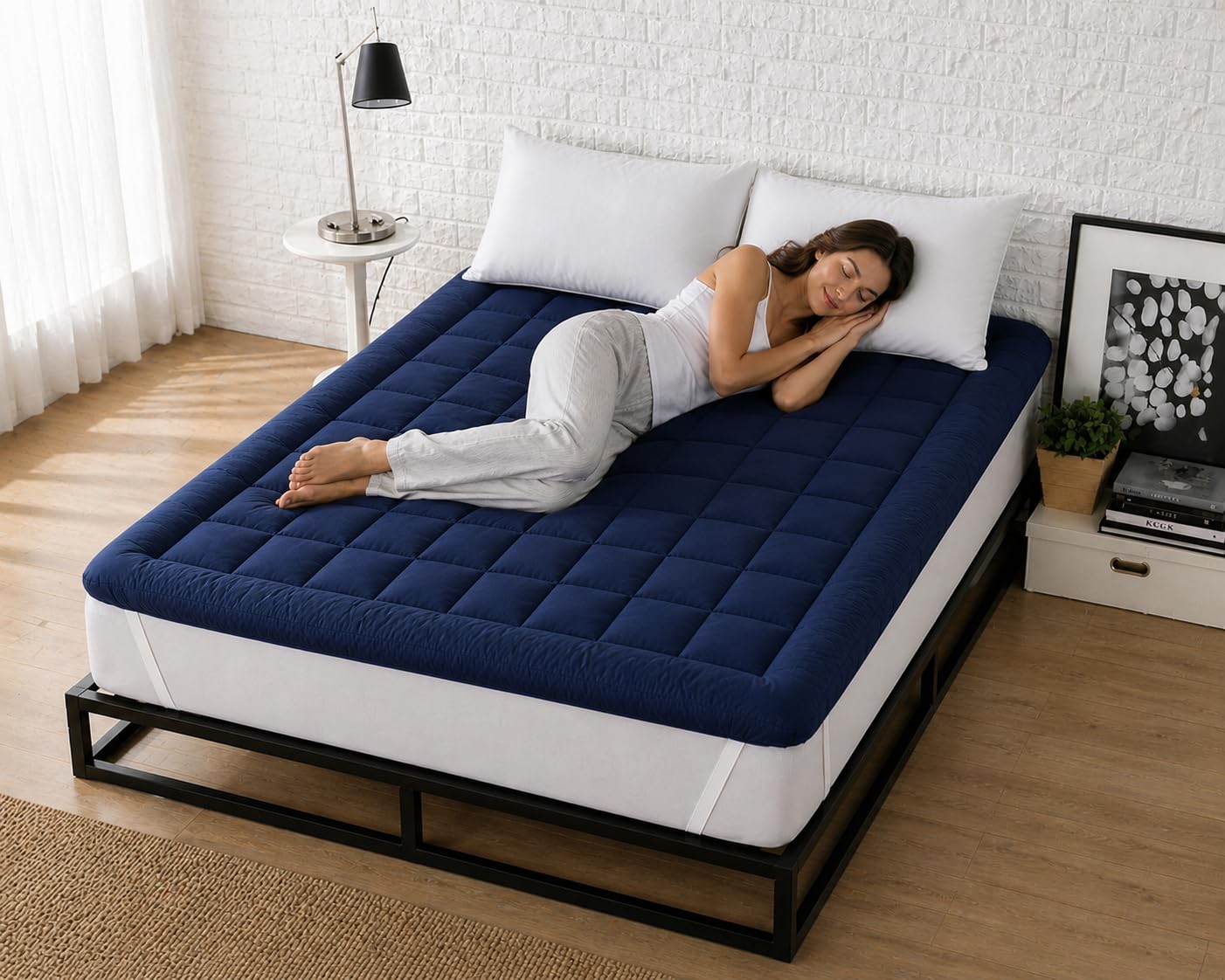1200GSM Hollow Fibre Mattress Padding/Topper Dark Blue for Twin Bed-48 Inch X 78 Inch-image-8