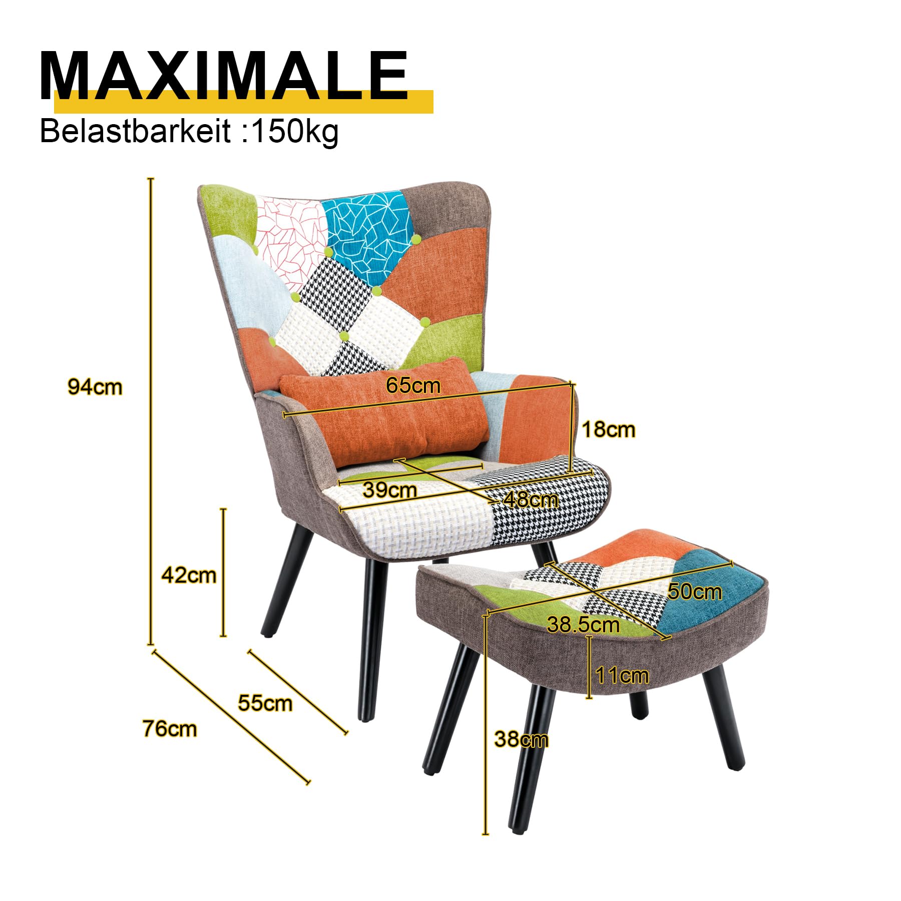 Relaxsessel mit Hocker&Lendenkissen, Patchwork Ohrensessel Orange, Leinen Loungesessel Massivholzfüße, Moderner Sessel für Wohnzimmer Schlafzimmer, Frühjahrsangebot Frühjahrsdekoration