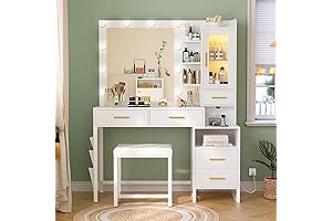 Premium Vanity Table Set with Integrated Mirror, Lights, and Charging Station for...