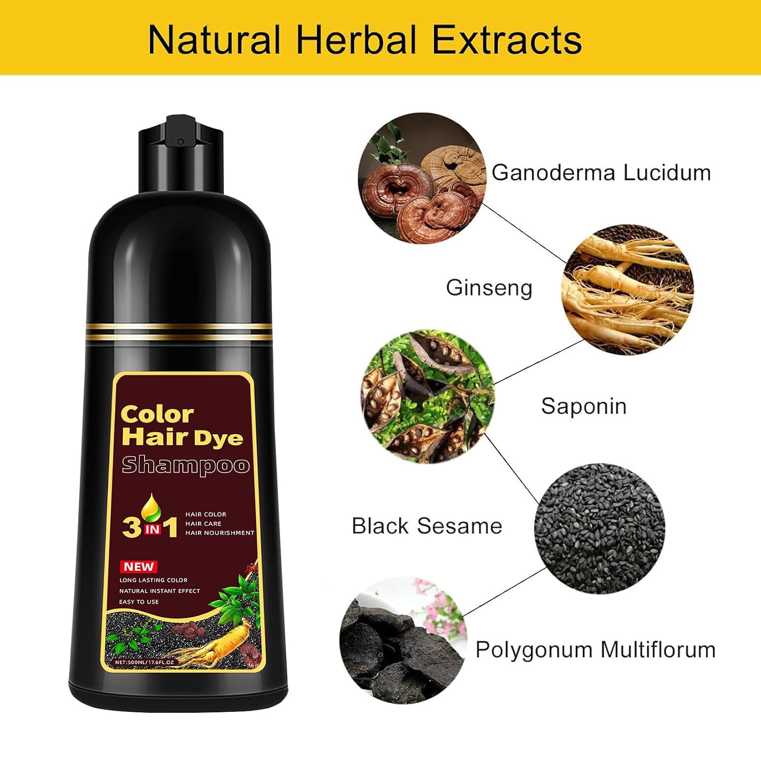 Golden Brown Hair Dye Shampoo 3 in 1, Instant Root Touch Up for All Hair Types & Full Hair Color, Lasts Up to 30 Days, Natural-Looking Color for Women & Men Champu Para Canas Easy Application, 500ml