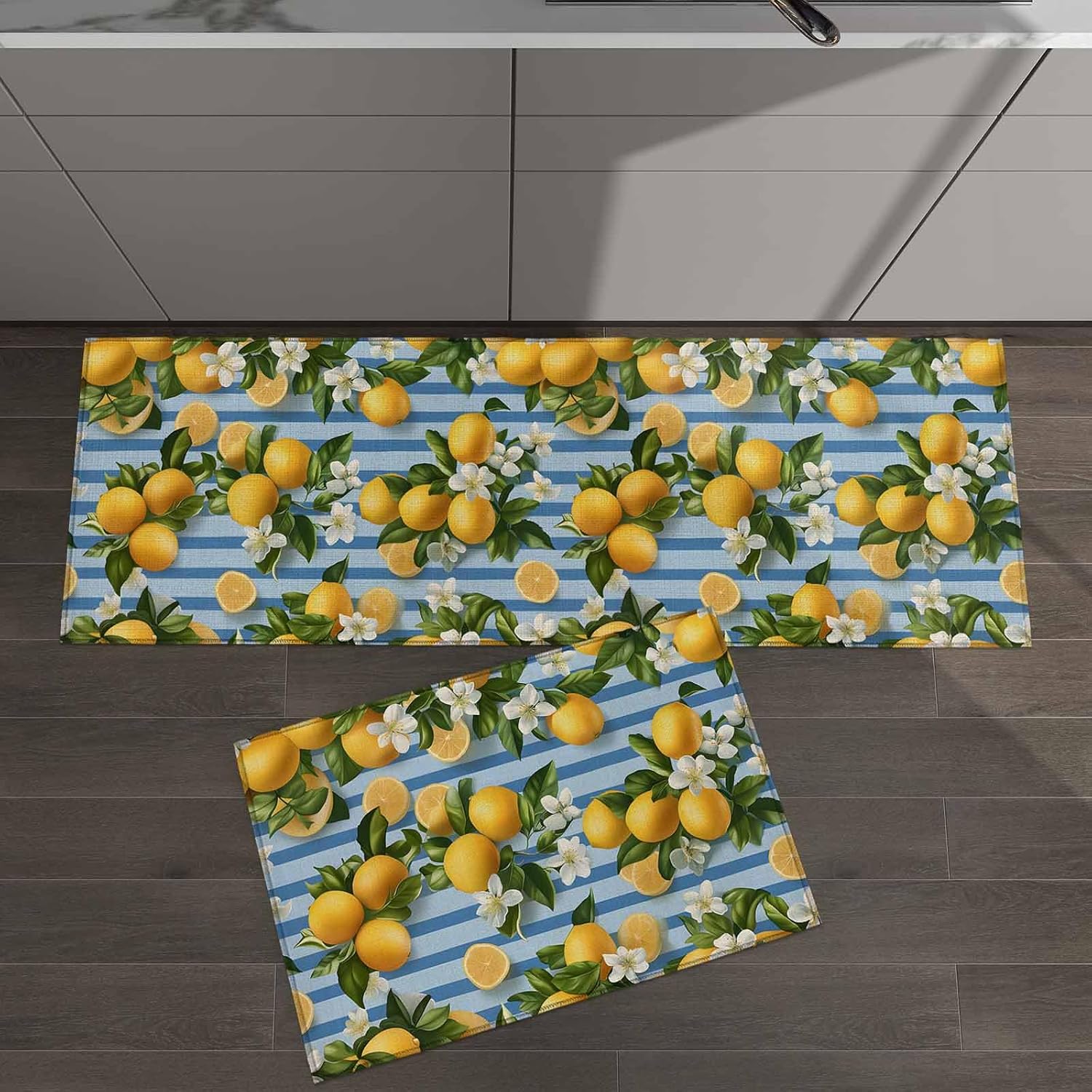 2 Pieces Kitchen Rugs and Mats,Summer Seasonal Lemon Flower Leaf Area Runner Rug Set Non Slip Floor Doormat Washable Carpet Standing Mat for Kitchen Sink Indoor Corridor,Vintage Linen Blue Stripes