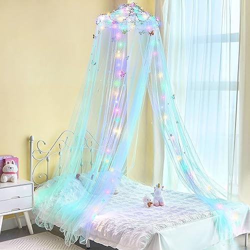 FIOBEE Toldo de cama para habitación de niñas, cortinas con luces LED, mosquitera, decoración de habitación de princesa con estrellas y mariposas
