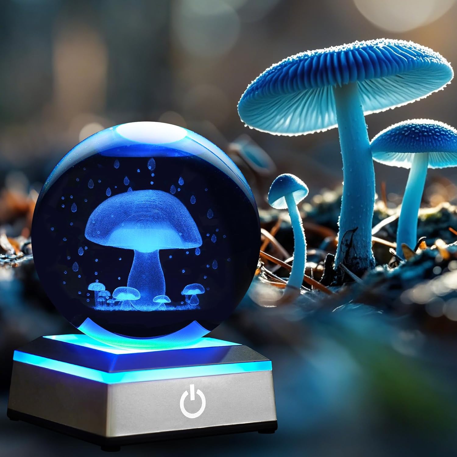 3D Mushroom Crystal Ball Night Light with LED Colorful Touch Base, Multicolor Crystal, 3.15 Inch Mushroom Figurines, Table Lamp Decor Gifts for Kids Teens Women