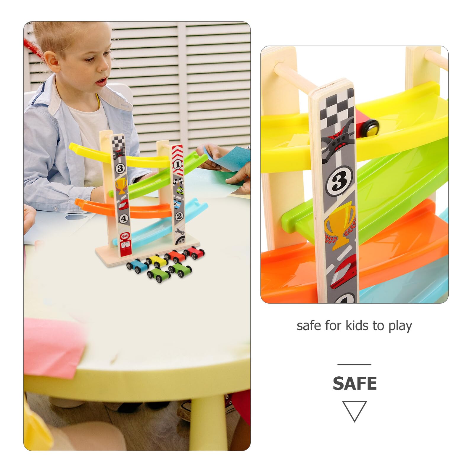Giocattolo Auto Pista Scivolante Set 1 in Legno per Ragazzo Ragazza | Coordinazione Occhio-mano, Riconoscimento Colori, Angoli Arrotondati e Motivo Cartoon
